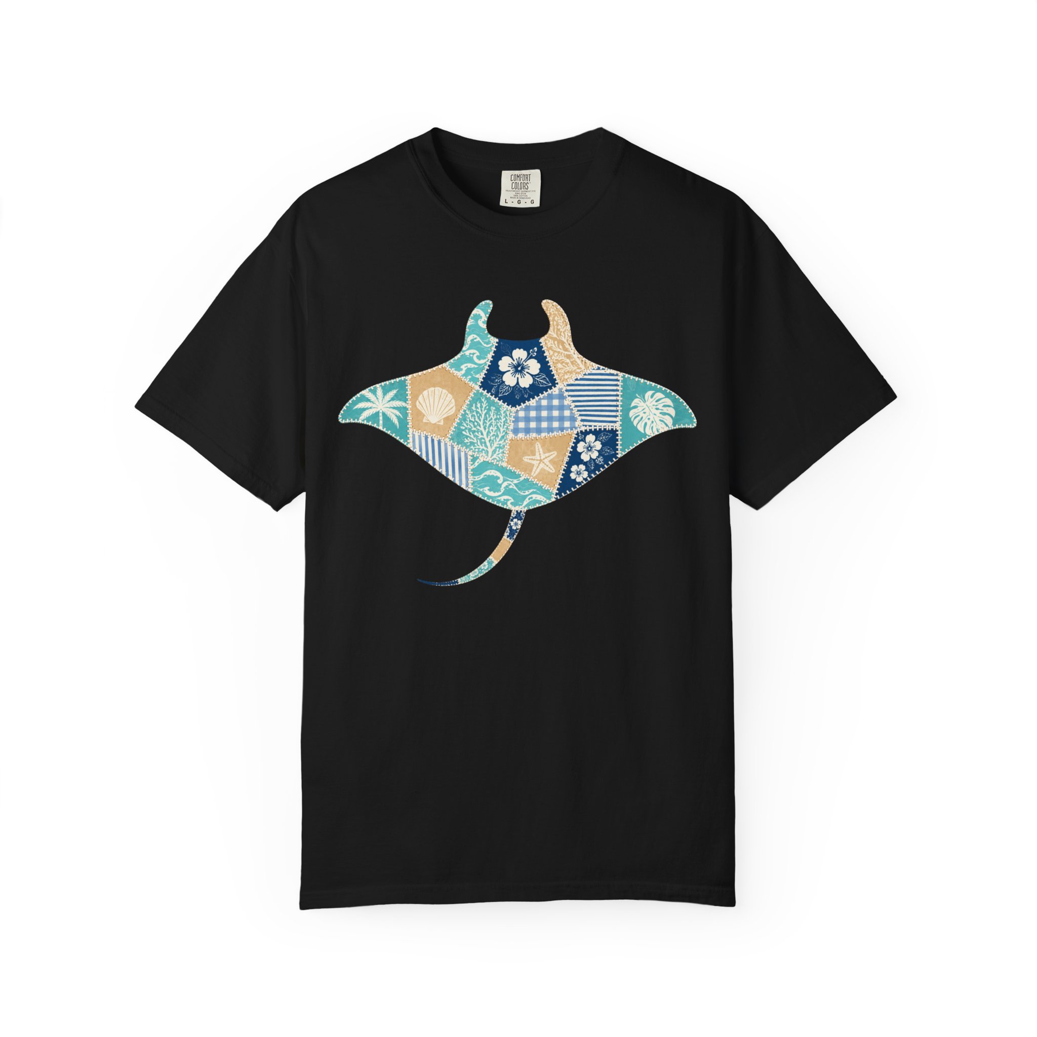 Faux Patchwork Manta Ray T-Shirt | Hawaiian Floral Ocean Motif - Image 10