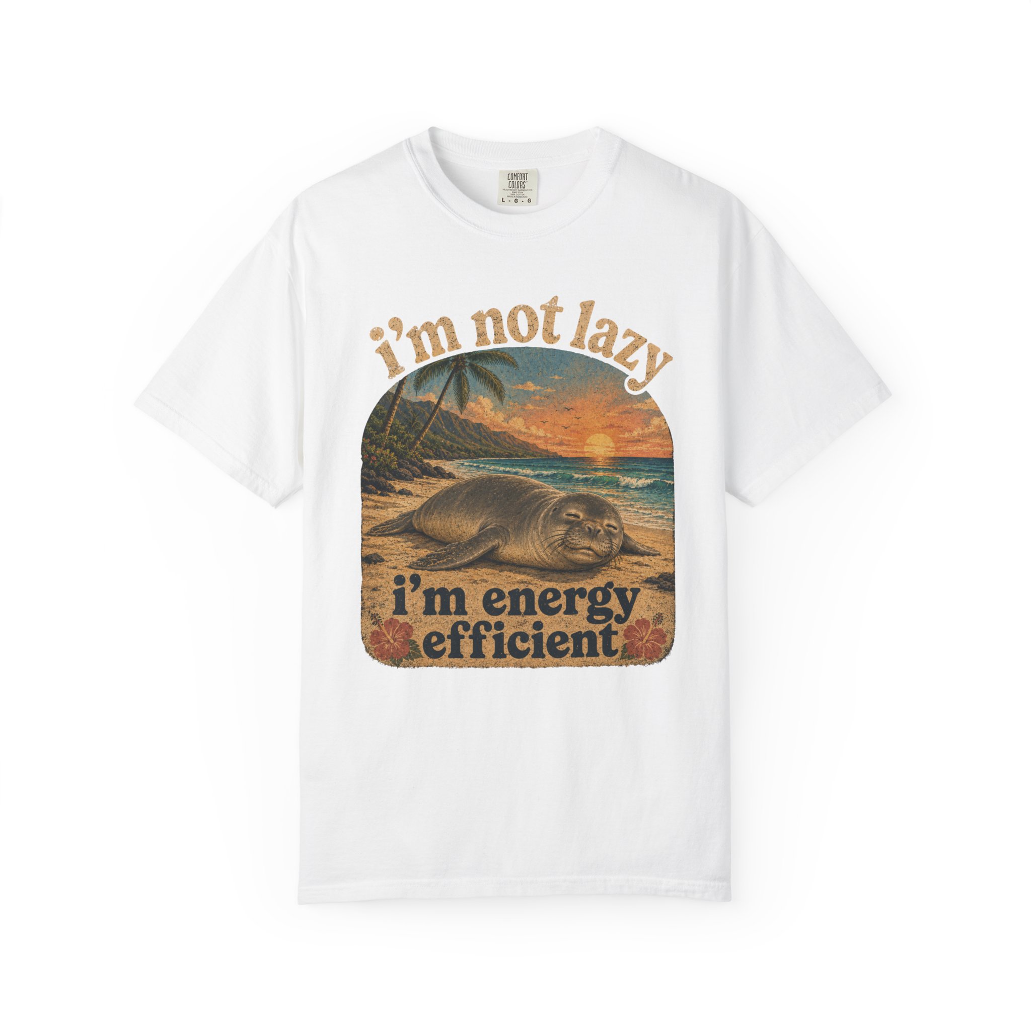 I'm Not Lazy I'm Energy Efficient Seal T-shirt | Retro Beach Sunset - Image 2