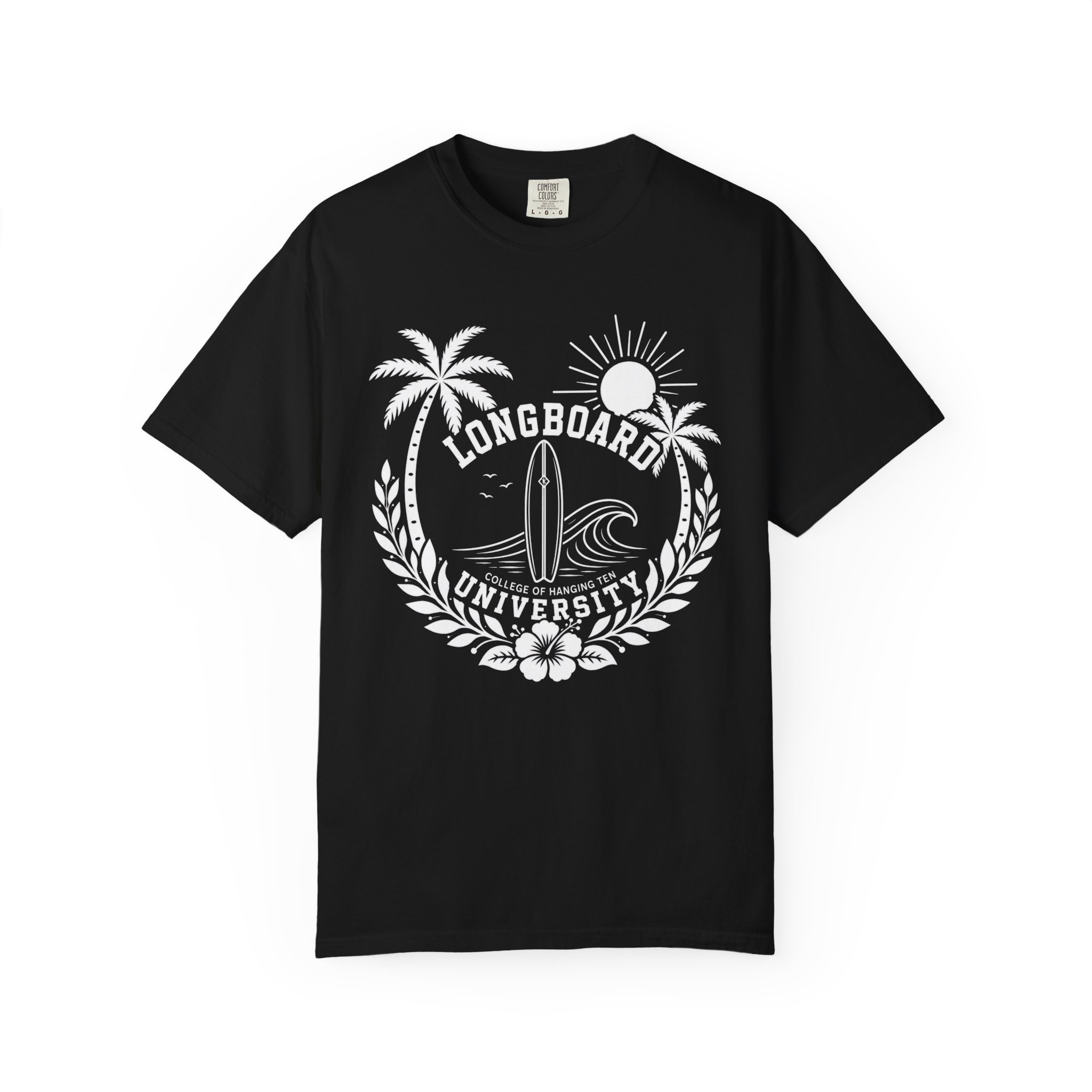 Longboard University surf crest T-shirt | palm trees, sun, wave, vintage surf logo - Image 4
