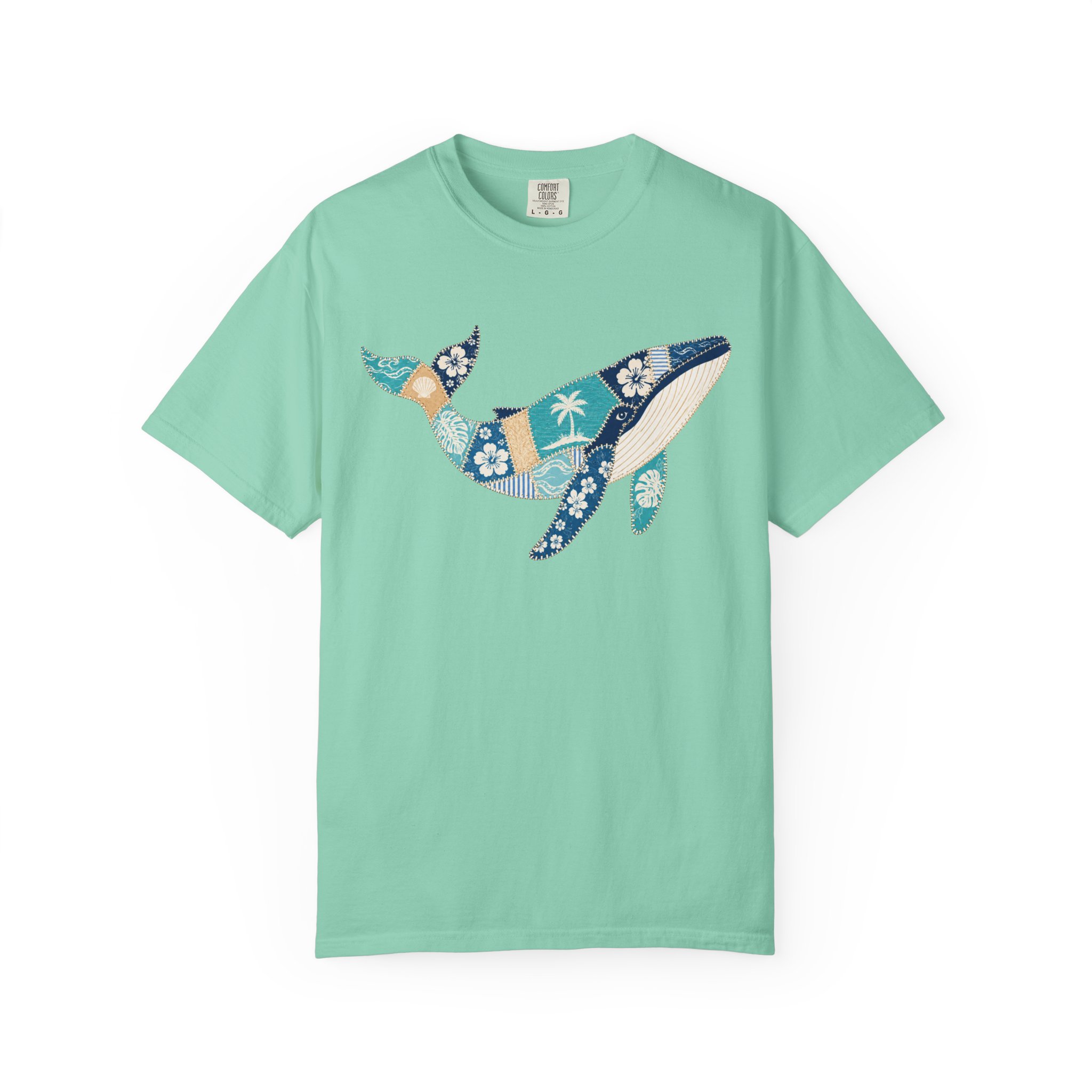 Faux Patchwork Hawaiian Pattern Humpback Whale T-Shirt | Ocean Tropical Floral Tee - Image 4