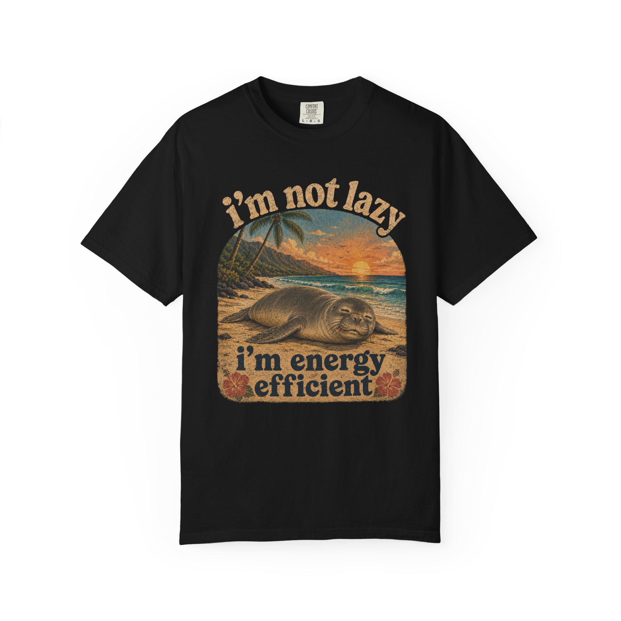 I'm Not Lazy I'm Energy Efficient Seal T-shirt | Retro Beach Sunset - Image 8