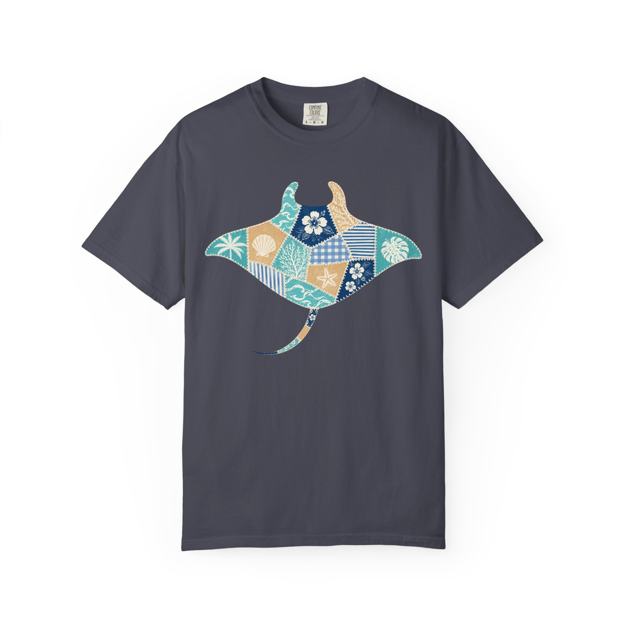 Faux Patchwork Manta Ray T-Shirt | Hawaiian Floral Ocean Motif - Image 11