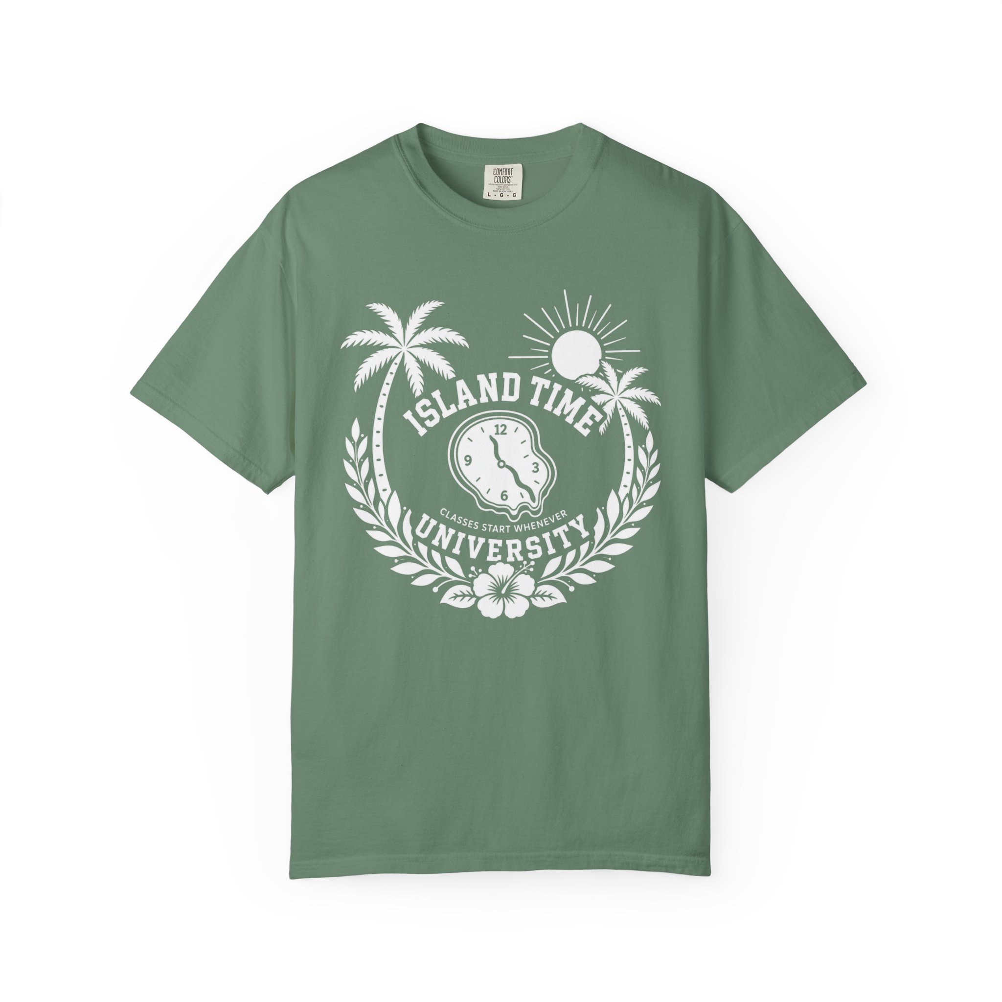 Island Time University T-shirt | Tropical Clock Palm Trees - Image 3