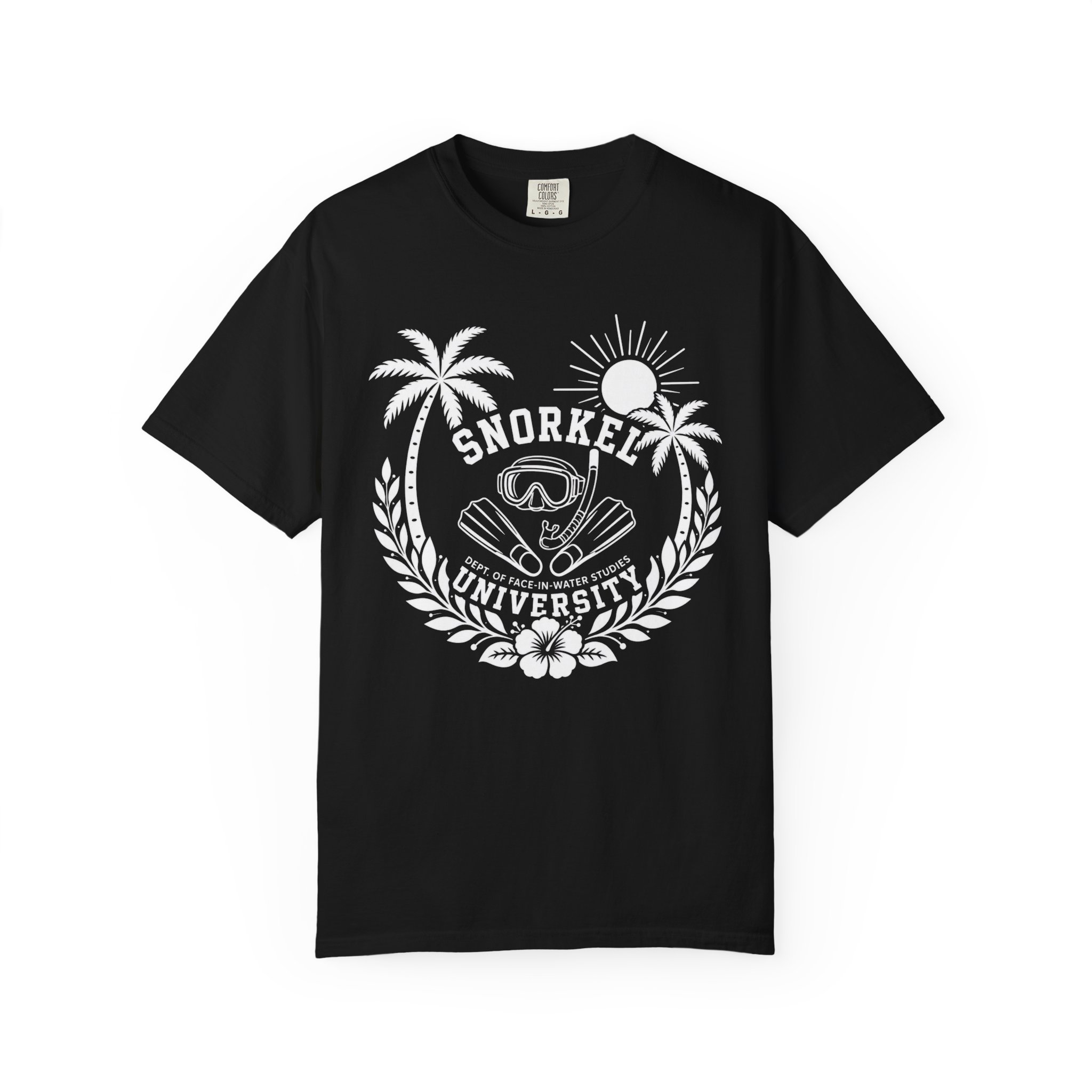 Snorkel University crest T-Shirt | Tropical snorkel mask palms sun - Image 4