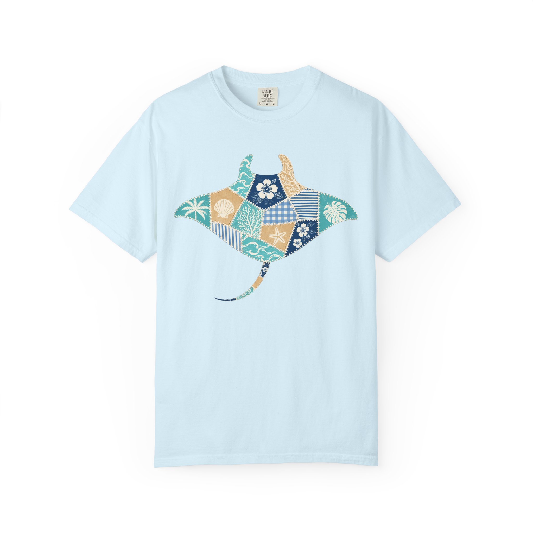 Faux Patchwork Manta Ray T-Shirt | Hawaiian Floral Ocean Motif - Image 7