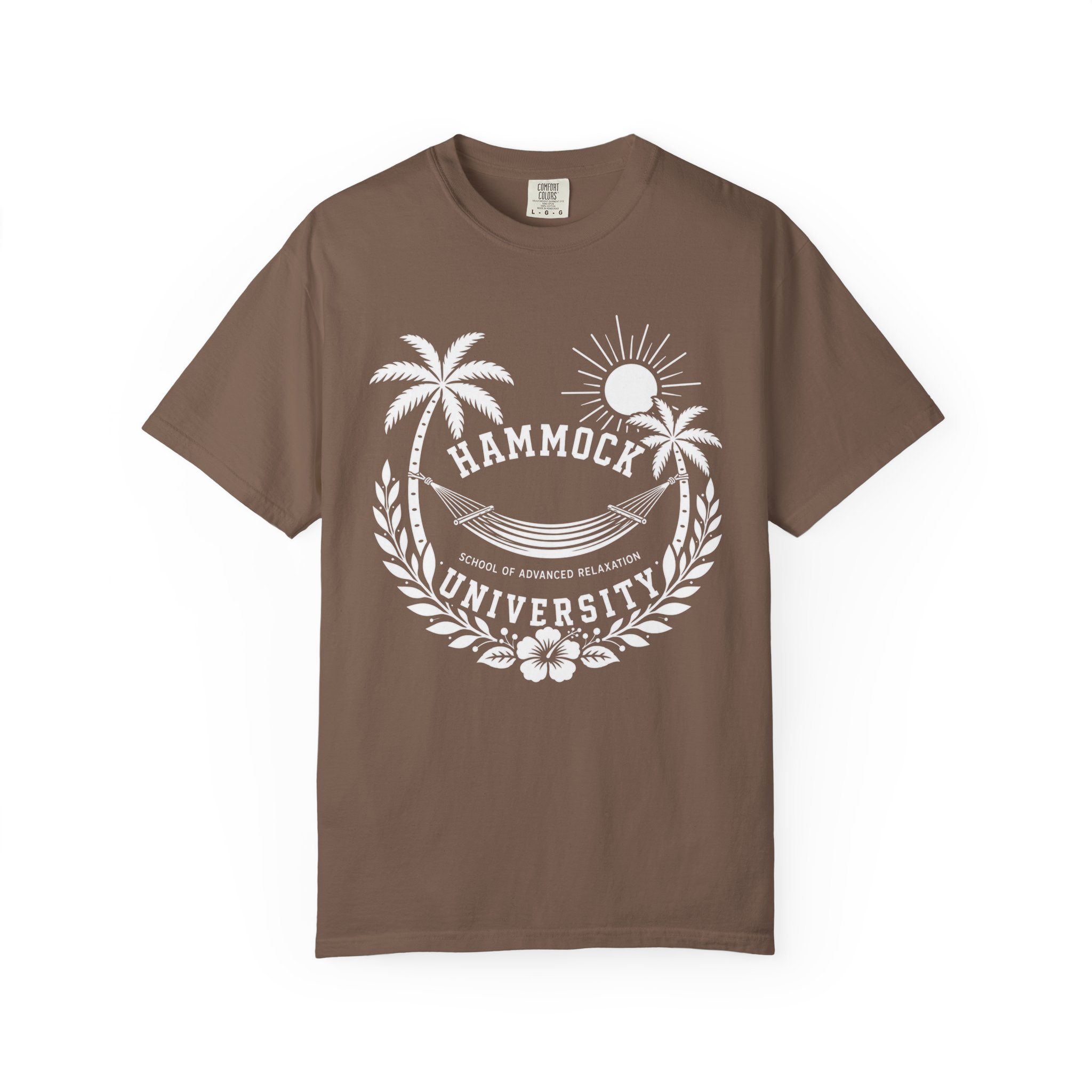 Hammock University palm trees hammock T-Shirt | island sunset crest - Image 2