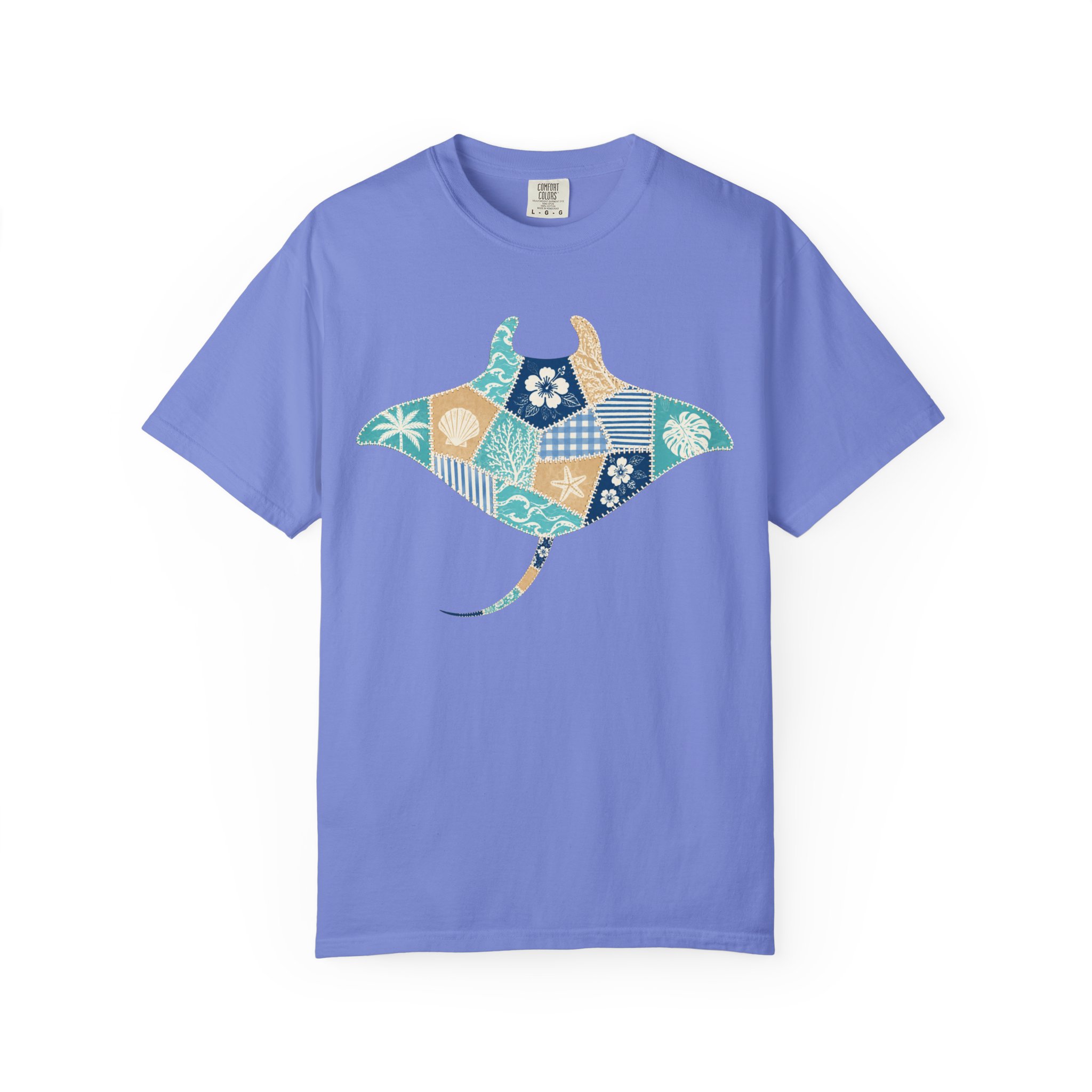 Faux Patchwork Manta Ray T-Shirt | Hawaiian Floral Ocean Motif - Image 9