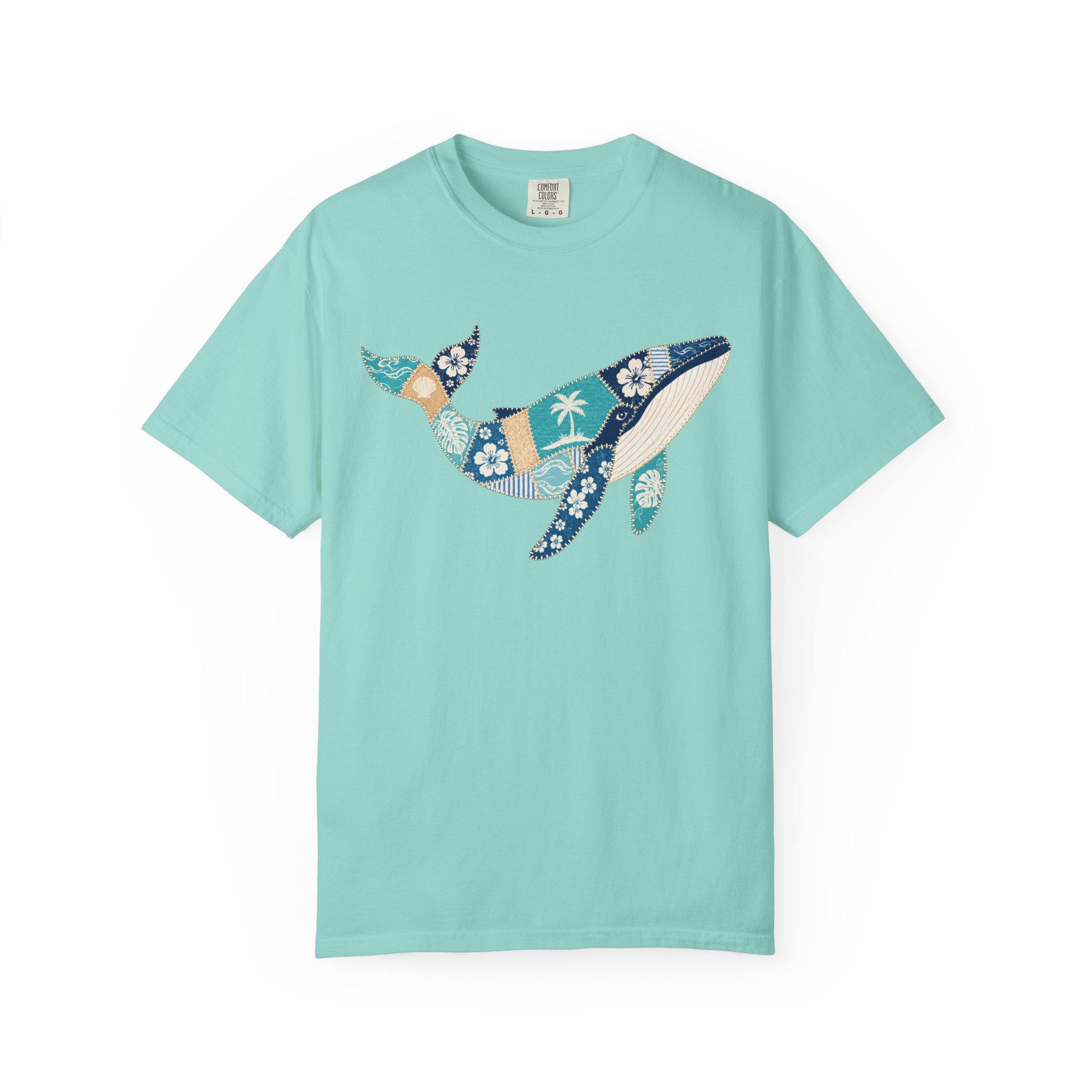 Faux Patchwork Hawaiian Pattern Humpback Whale T-Shirt | Ocean Tropical Floral Tee - Image 5