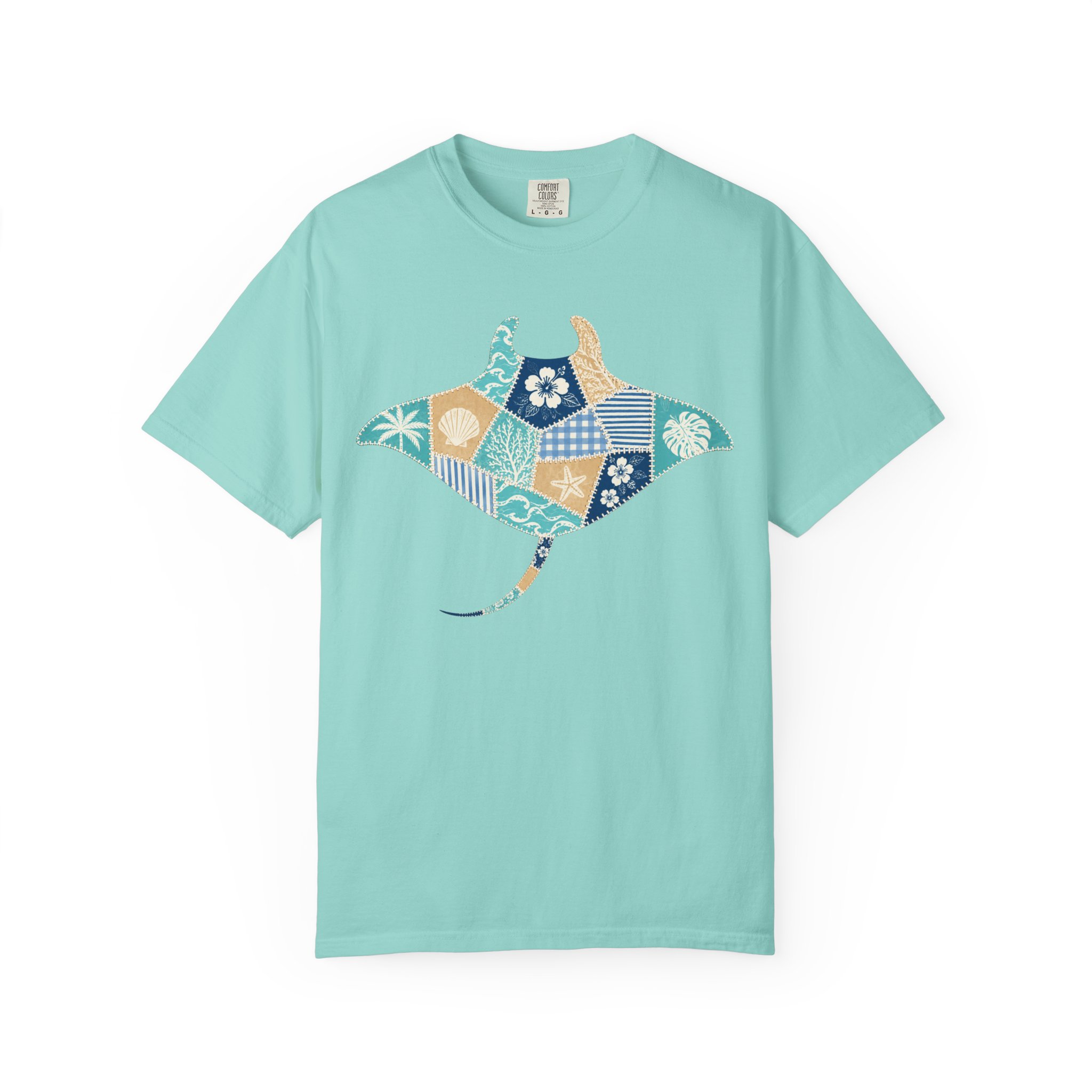 Faux Patchwork Manta Ray T-Shirt | Hawaiian Floral Ocean Motif - Image 5