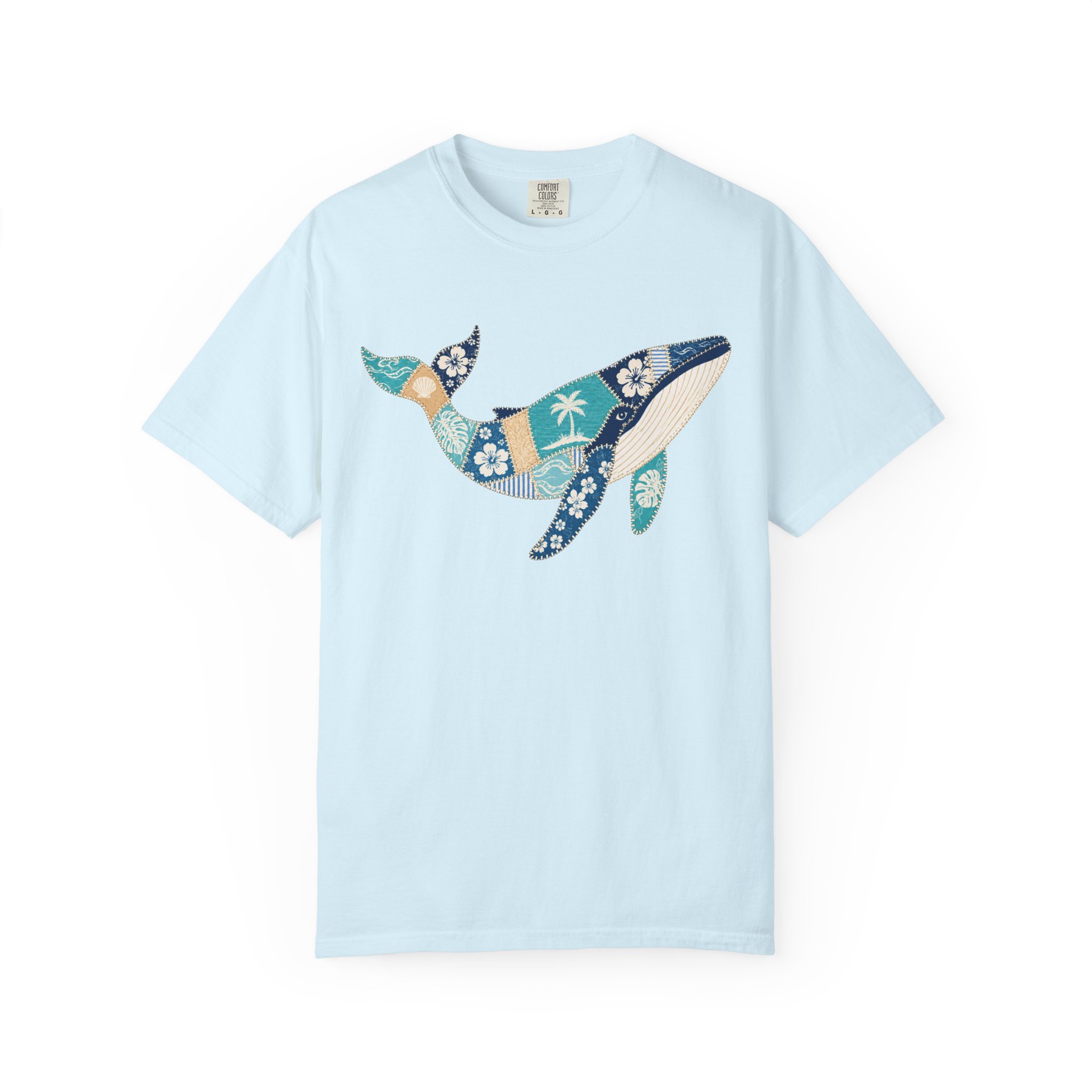 Faux Patchwork Hawaiian Pattern Humpback Whale T-Shirt | Ocean Tropical Floral Tee - Image 7