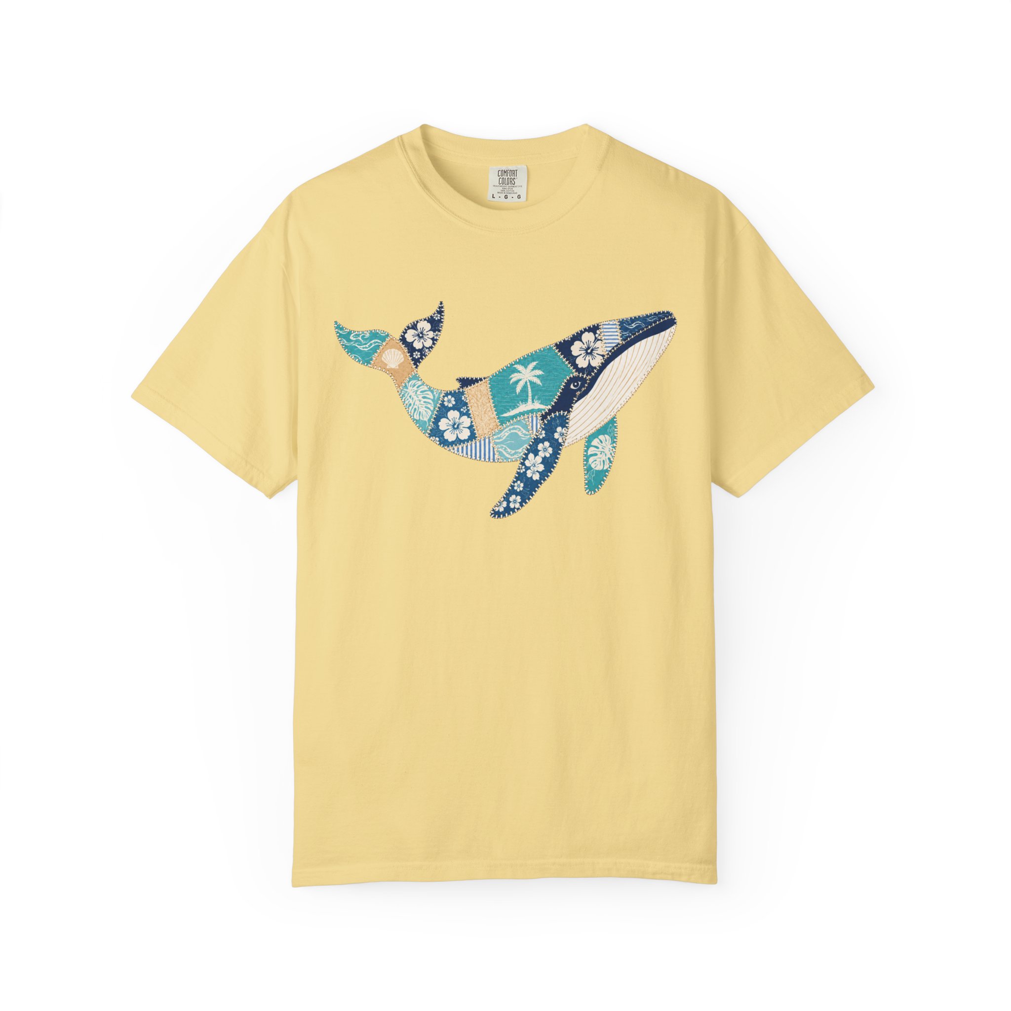 Faux Patchwork Hawaiian Pattern Humpback Whale T-Shirt | Ocean Tropical Floral Tee - Image 3