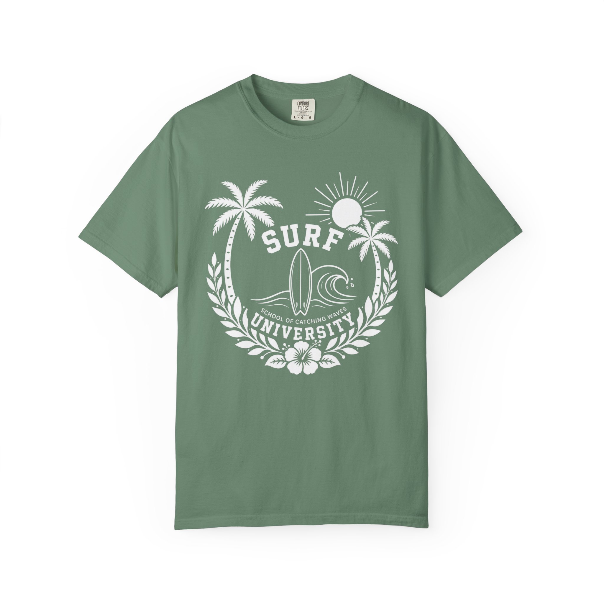 Surf University crest T-shirt | Palm trees, surfboard, sun - Image 3