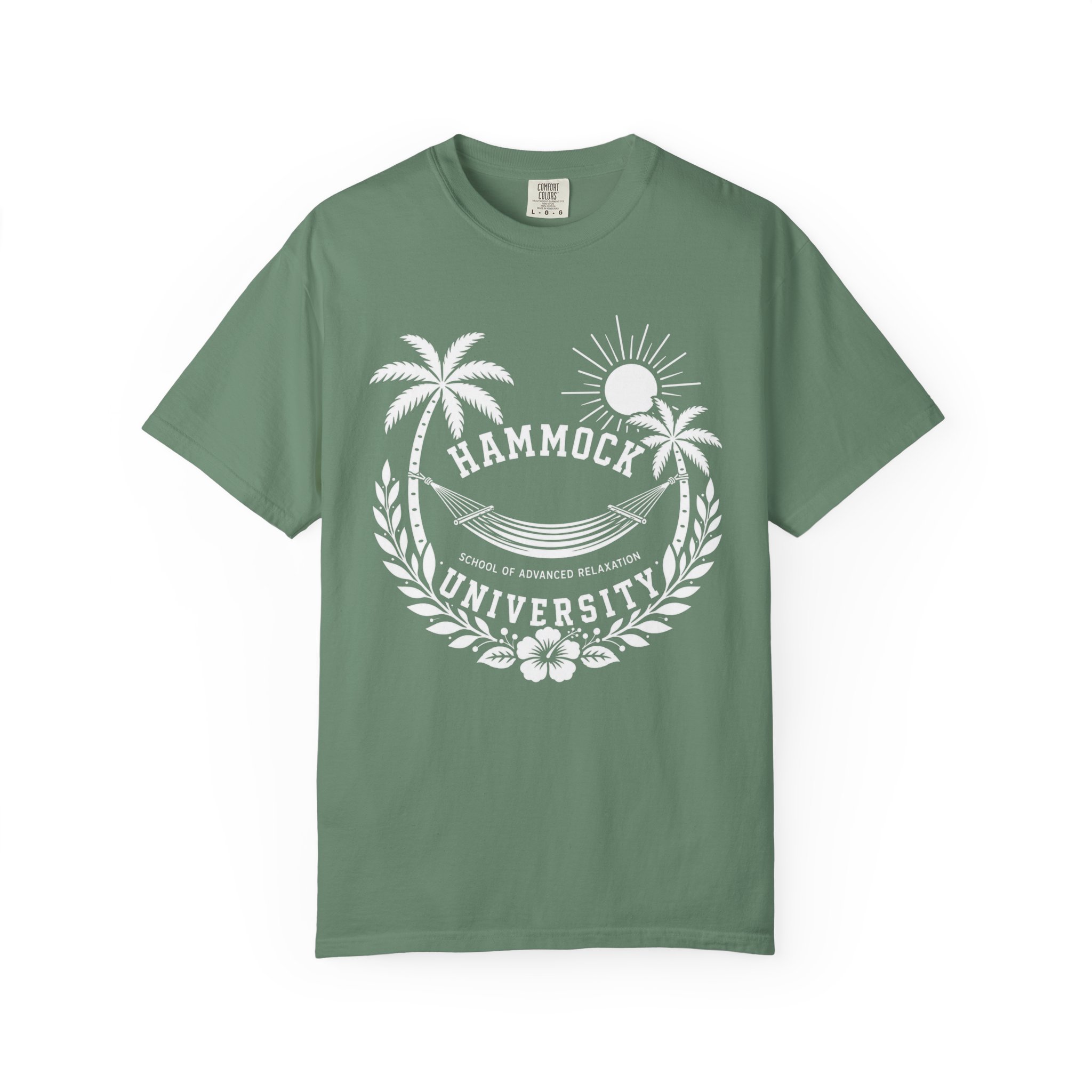 Hammock University palm trees hammock T-Shirt | island sunset crest - Image 3