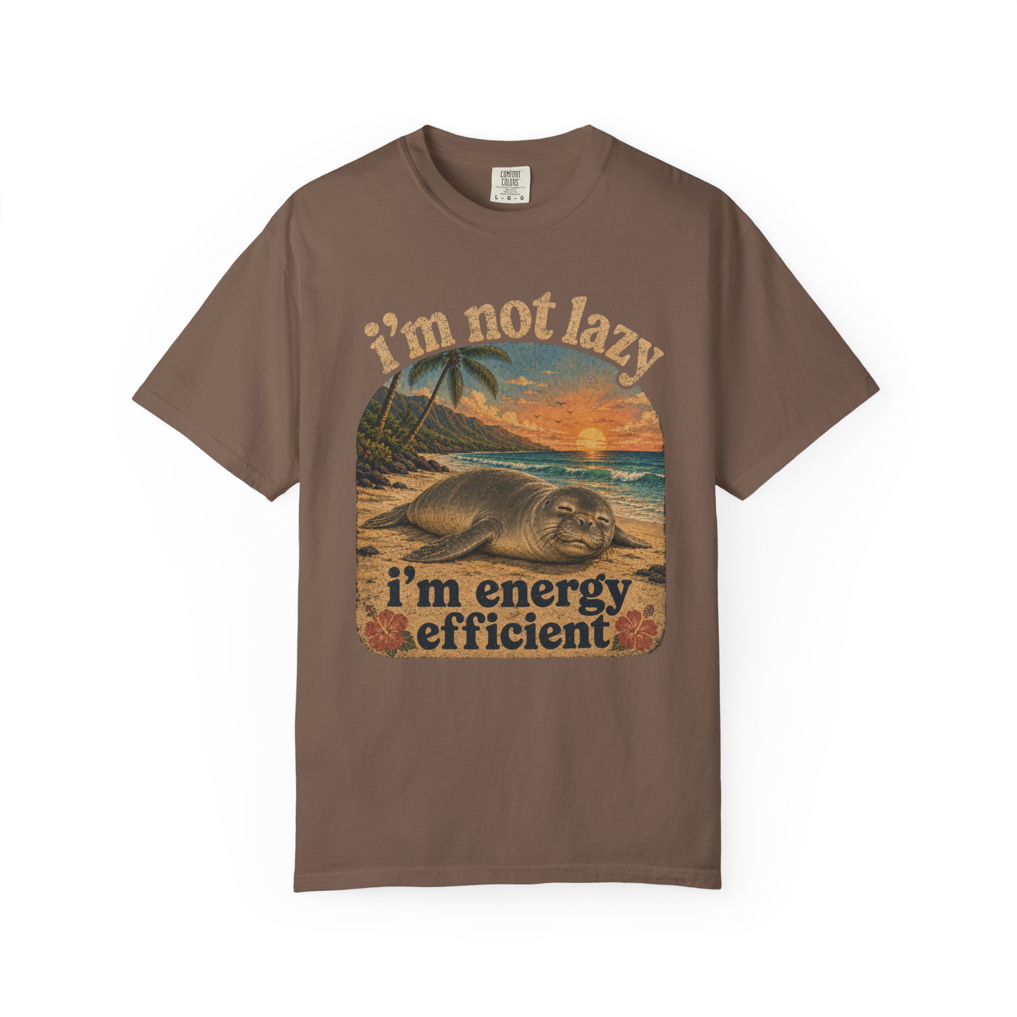 I'm Not Lazy I'm Energy Efficient Seal T-shirt | Retro Beach Sunset - Image 5