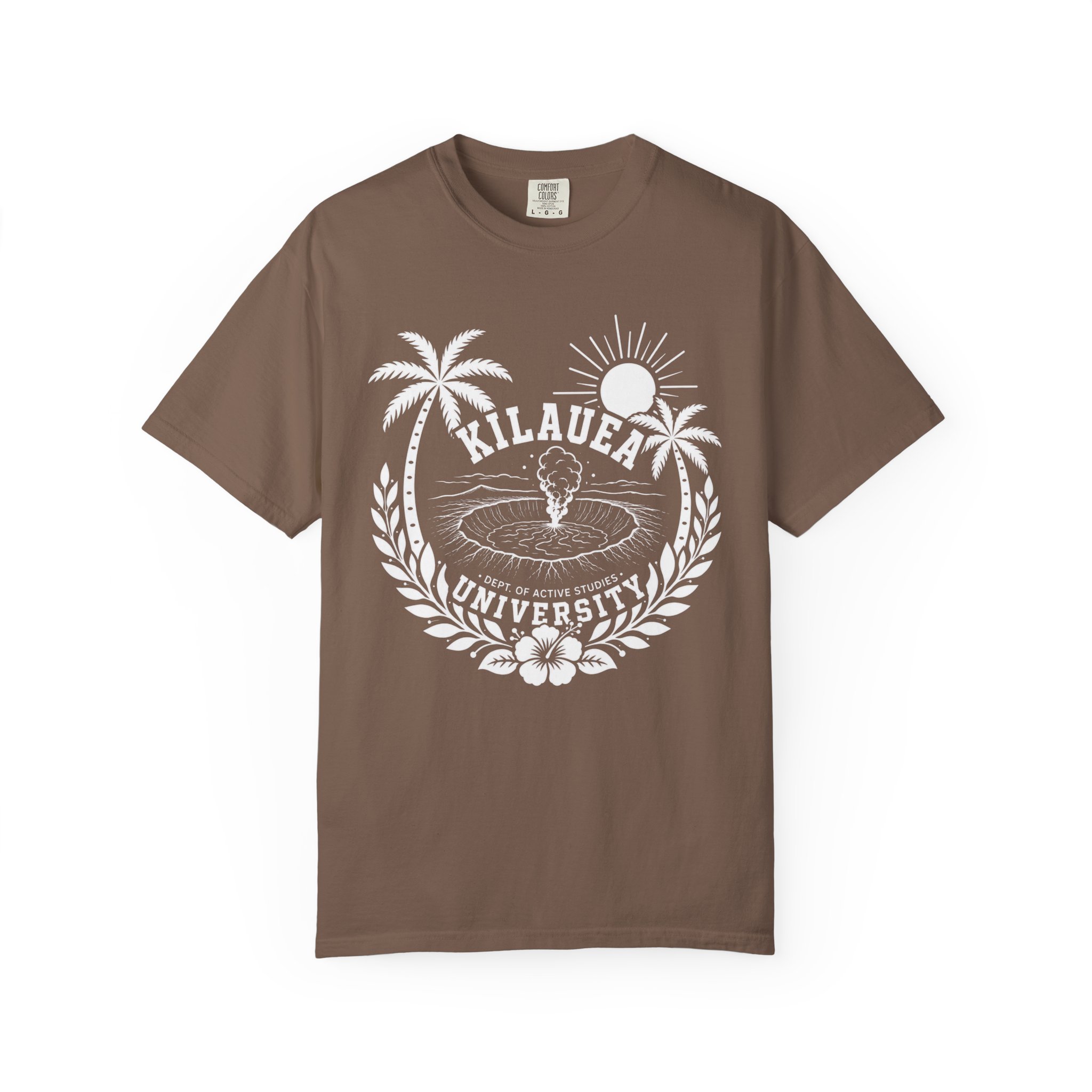Kilauea University Volcano Crest T-shirt | Hawaiian Palm Sun Emblem - Image 2