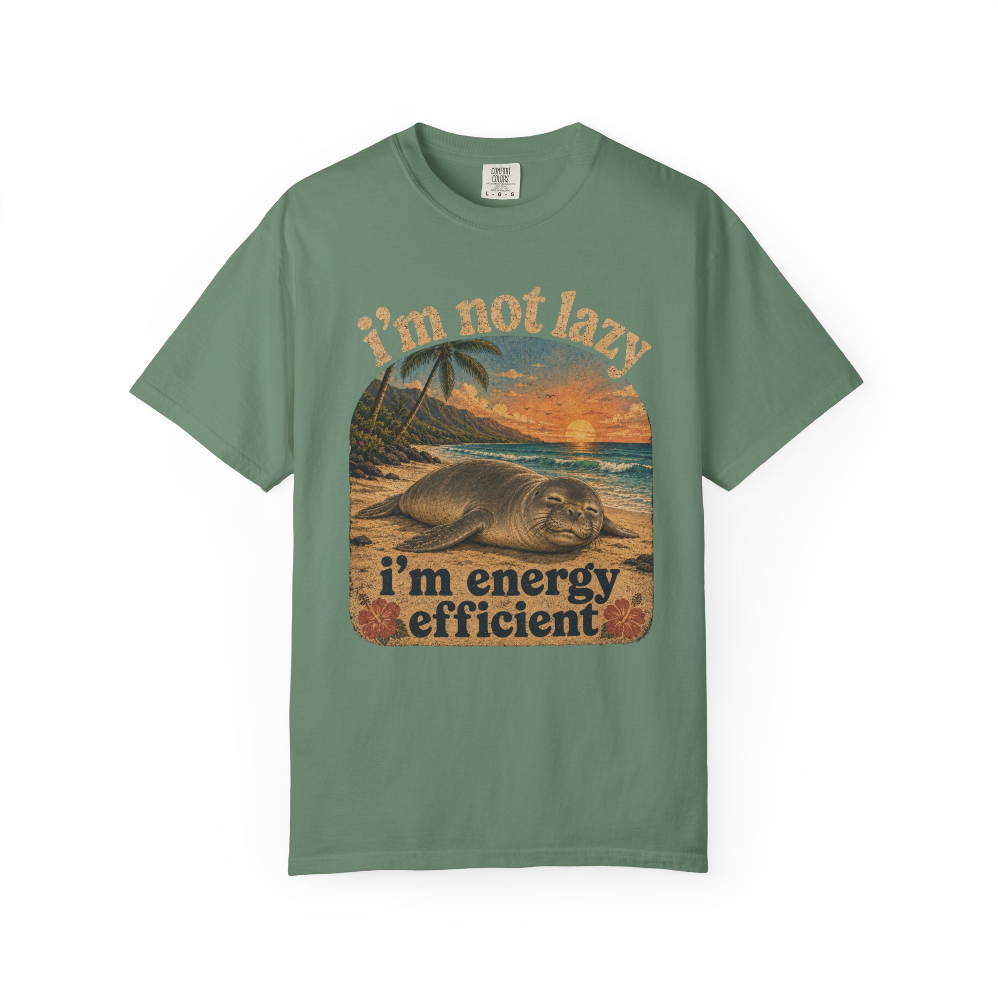 I'm Not Lazy I'm Energy Efficient Seal T-shirt | Retro Beach Sunset - Image 6