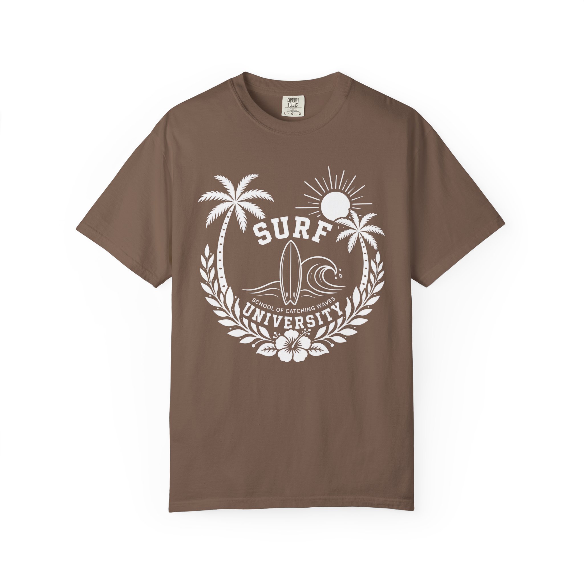 Surf University crest T-shirt | Palm trees, surfboard, sun - Image 2