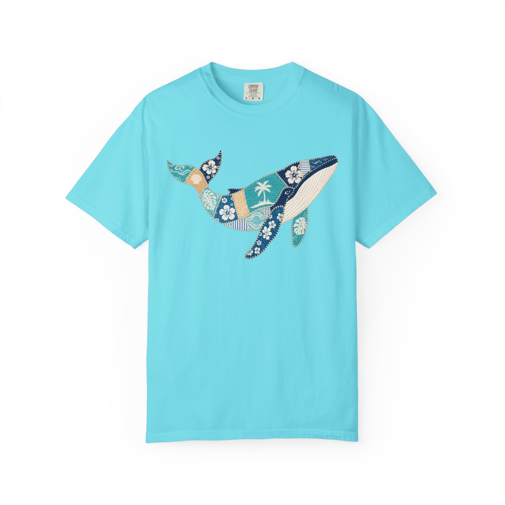 Faux Patchwork Hawaiian Pattern Humpback Whale T-Shirt | Ocean Tropical Floral Tee - Image 6