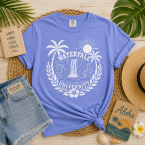 Waterfall University T-shirt | Tropical Palm, Sunset Crest Design
