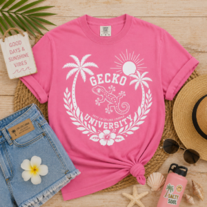 Gecko University Crest T-shirt | Tropical Palm Sun Hibiscus