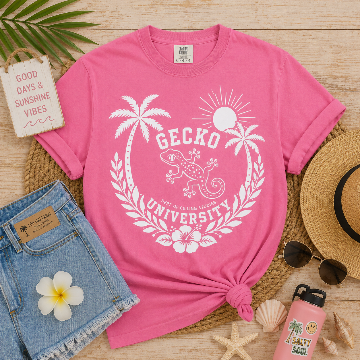 Gecko University Crest T-shirt | Tropical Palm Sun Hibiscus