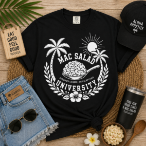 Mac Salad University tee | Macaroni Salad crest, palm trees, retro beach design