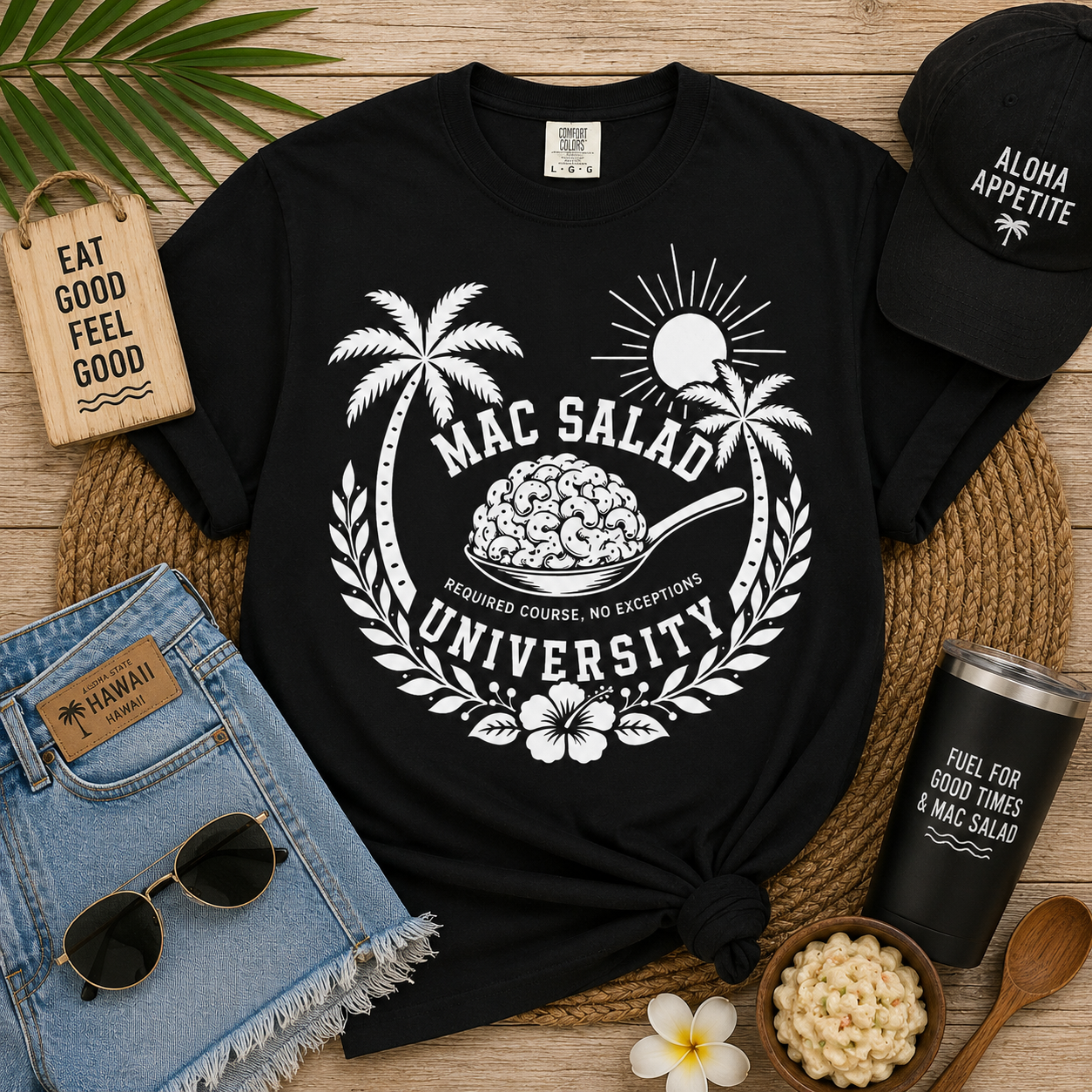 Mac Salad University tee | Macaroni Salad crest, palm trees, retro beach design