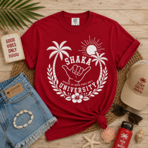 Shaka University shaka hand palm trees T-shirt | Surf Beach Vibes