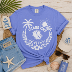 Island Time University T-shirt | Tropical Clock Palm Trees