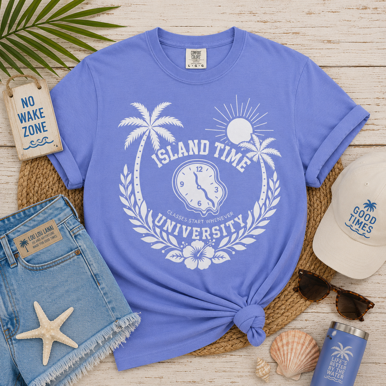 Island Time University T-shirt | Tropical Clock Palm Trees