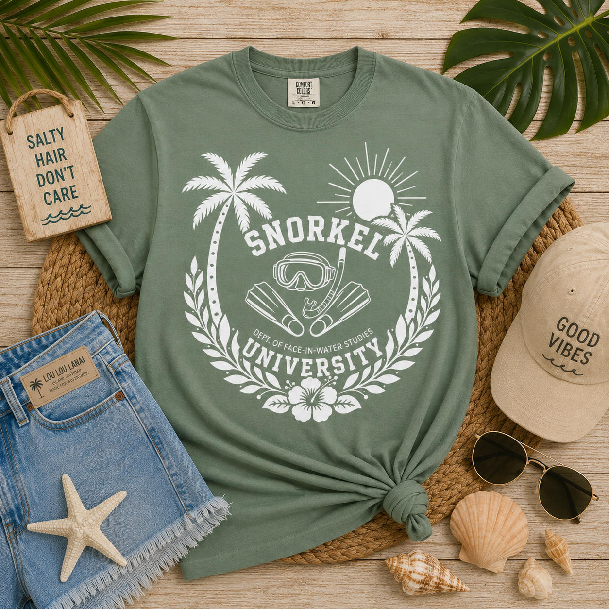 Snorkel University crest T-Shirt | Tropical snorkel mask palms sun