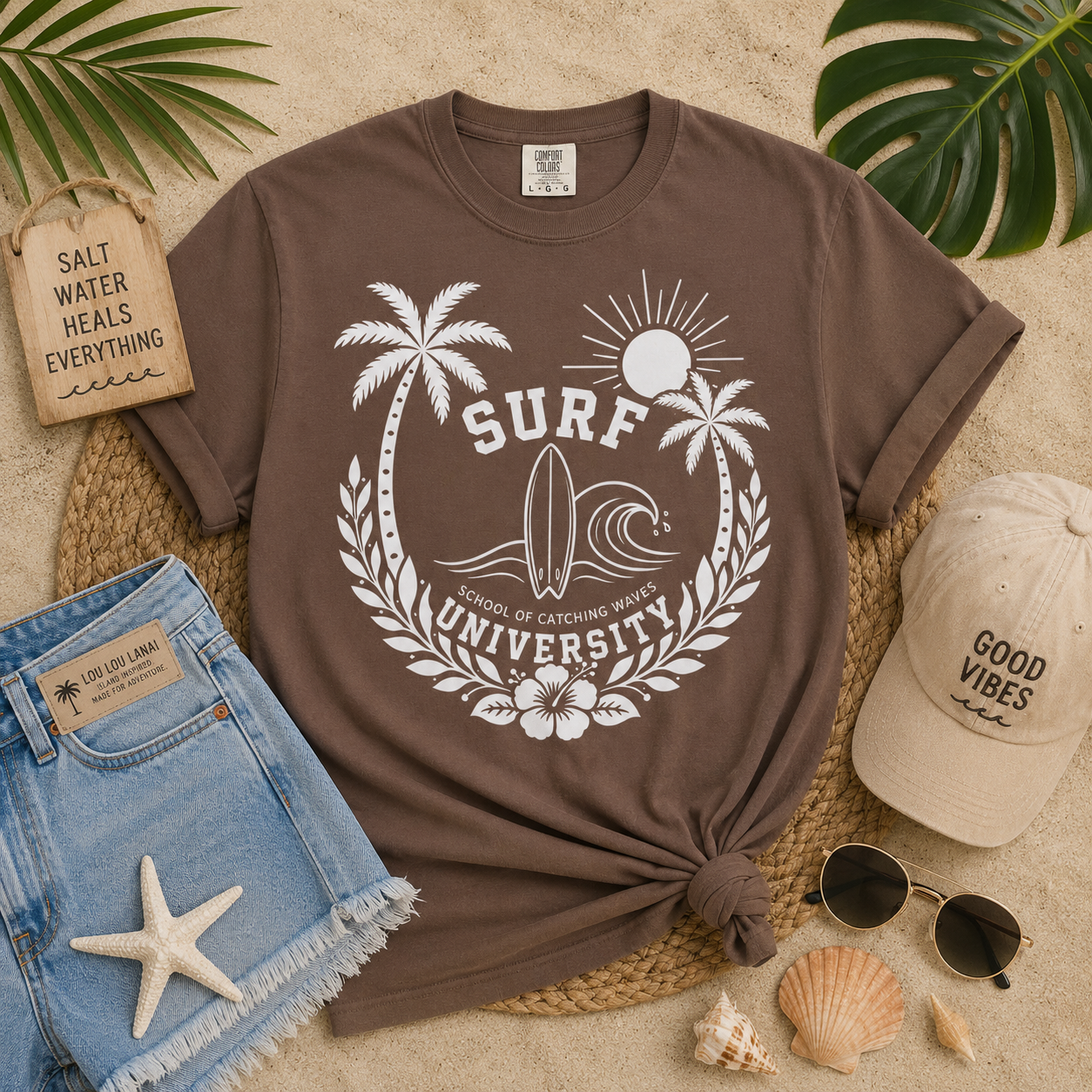 Surf University crest T-shirt | Palm trees, surfboard, sun