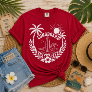 Longboard University surf crest T-shirt | palm trees, sun, wave, vintage surf logo