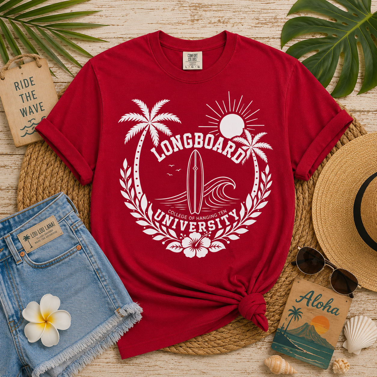 Longboard University surf crest T-shirt | palm trees, sun, wave, vintage surf logo