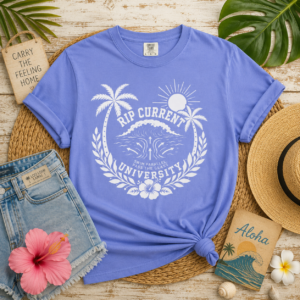 Rip Current University crest T-shirt | Palm trees, sun, waves