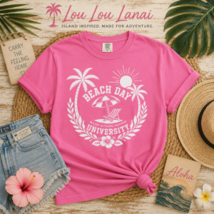 Beach Day University T-shirt | Palm Trees, Sun, Surf Chair
