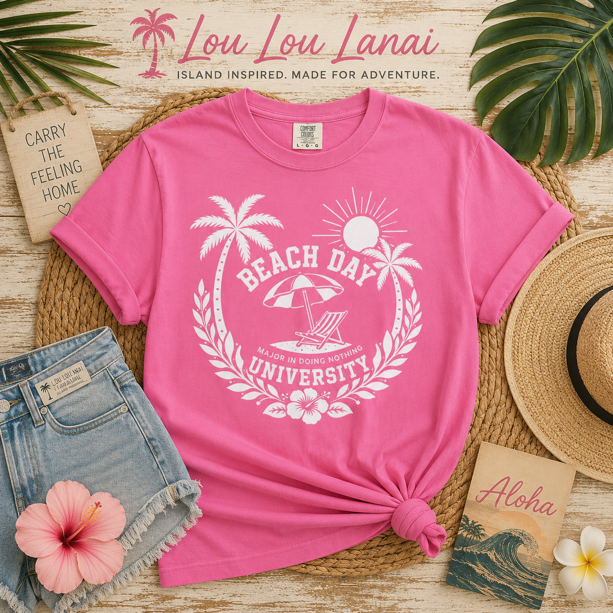 Beach Day University T-shirt | Palm Trees, Sun, Surf Chair