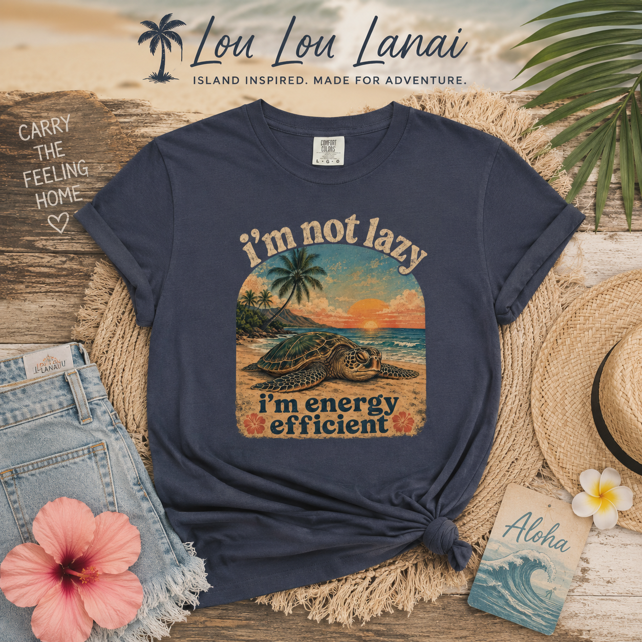 I'm Not Lazy I'm Energy Efficient T-shirt | Sea Turtle Sunset Tee