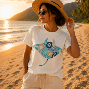 Faux Patchwork Manta Ray T-Shirt | Hawaiian Floral Ocean Motif