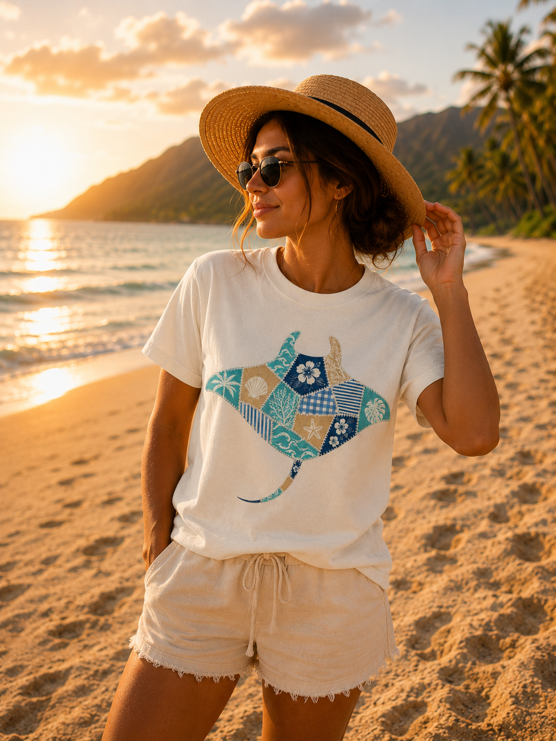 Faux Patchwork Manta Ray T-Shirt | Hawaiian Floral Ocean Motif