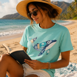 Faux Patchwork Hawaiian Pattern Humpback Whale T-Shirt | Ocean Tropical Floral Tee