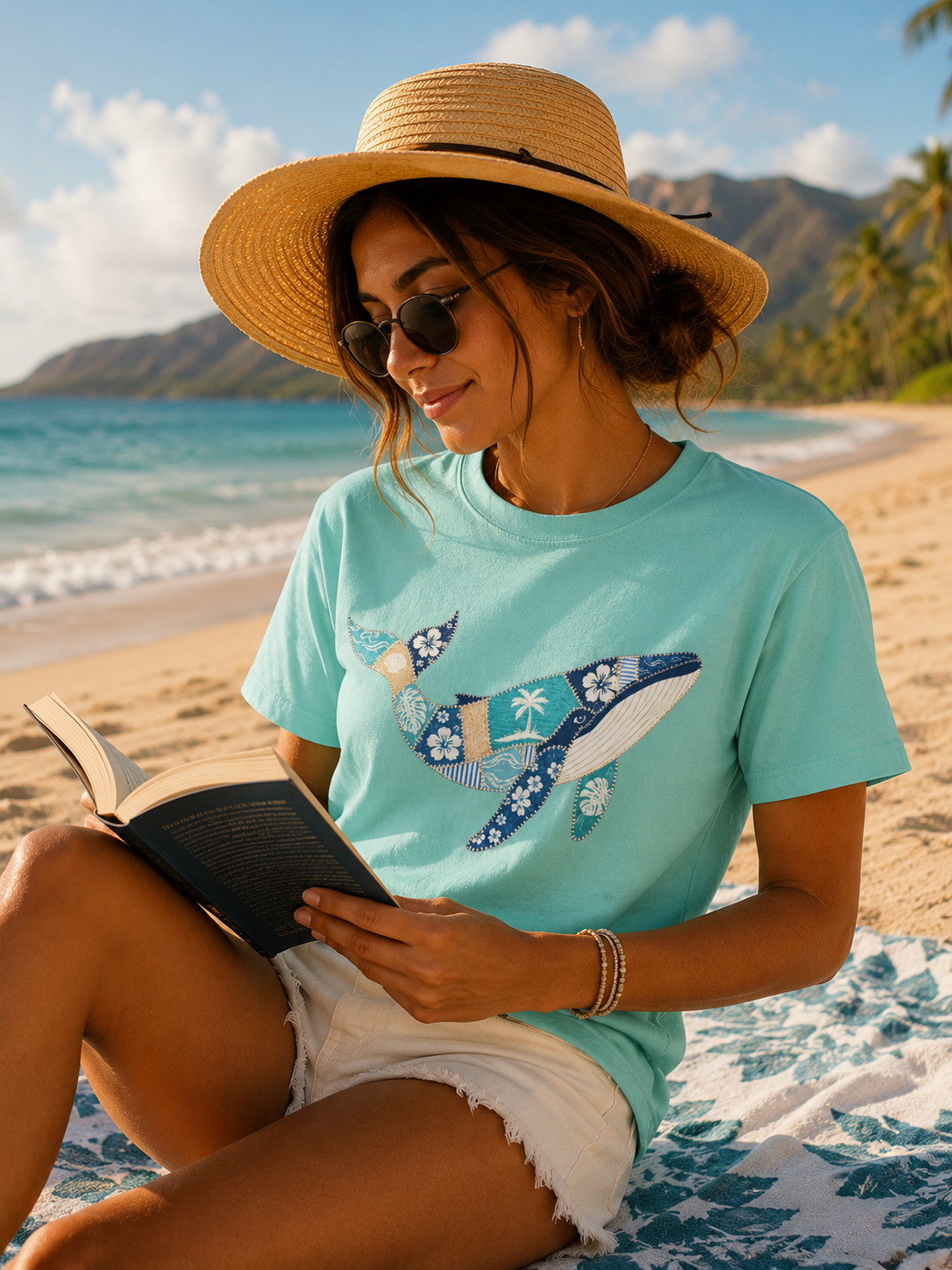 Faux Patchwork Hawaiian Pattern Humpback Whale T-Shirt | Ocean Tropical Floral Tee