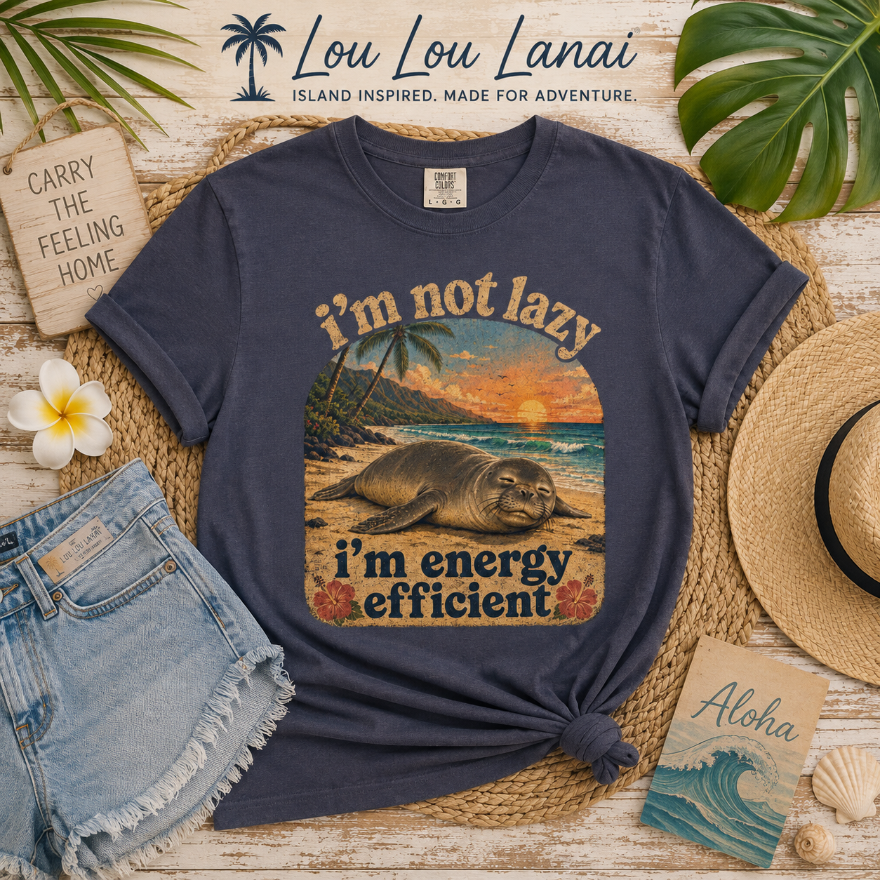 I'm Not Lazy I'm Energy Efficient Seal T-shirt | Retro Beach Sunset
