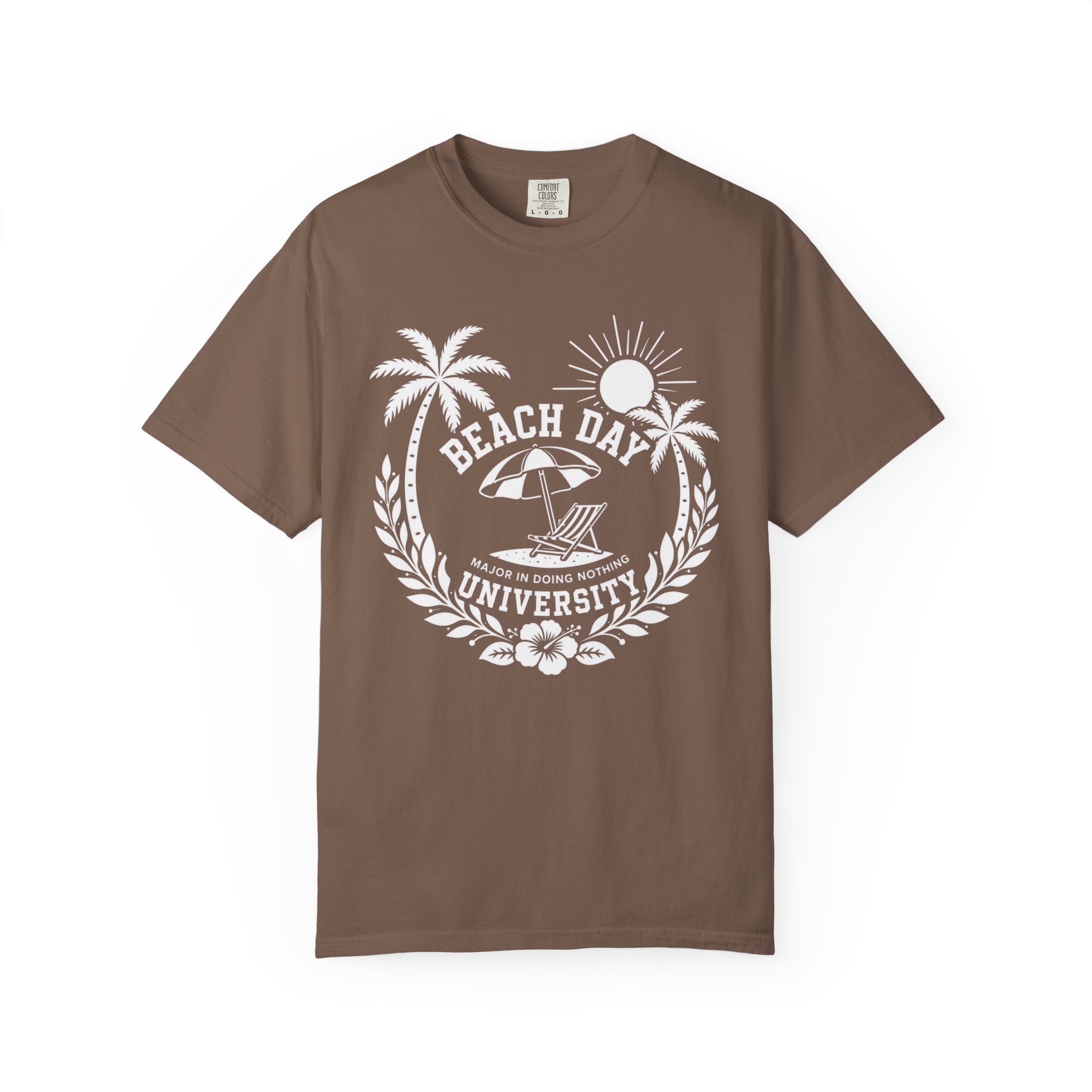 Beach Day University T-shirt | Palm Trees, Sun, Surf Chair - Image 2