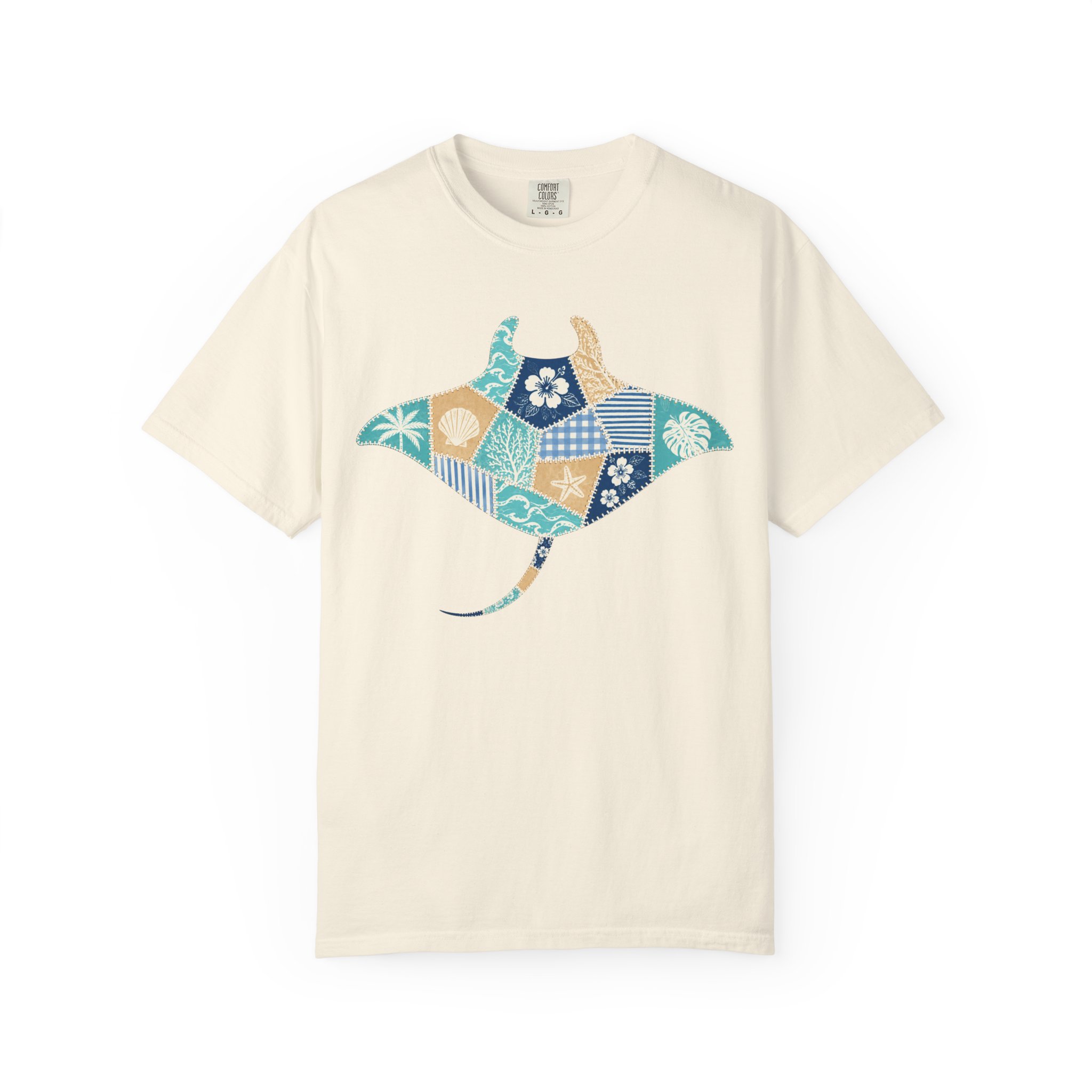 Faux Patchwork Manta Ray T-Shirt | Hawaiian Floral Ocean Motif - Image 8