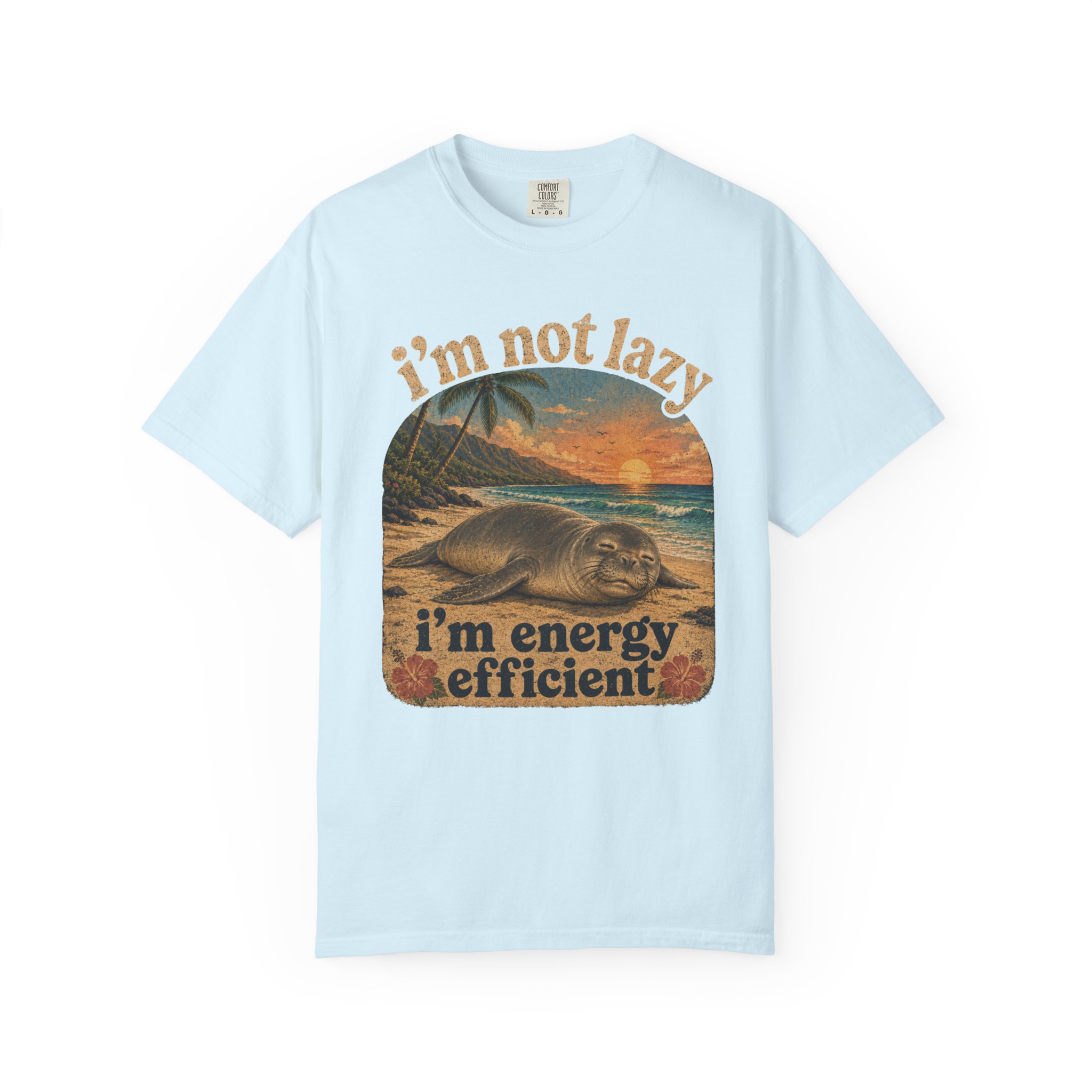 I'm Not Lazy I'm Energy Efficient Seal T-shirt | Retro Beach Sunset - Image 7