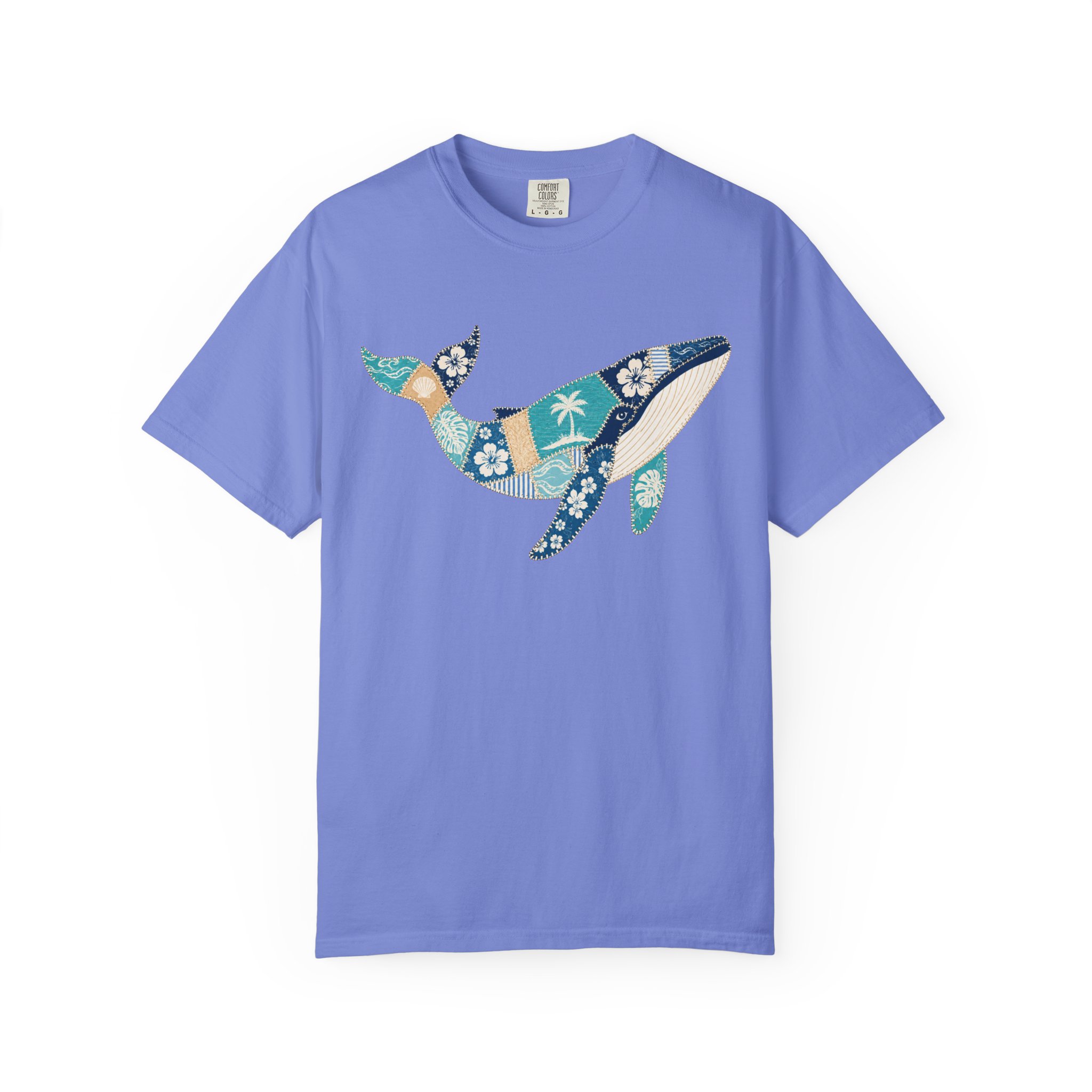 Faux Patchwork Hawaiian Pattern Humpback Whale T-Shirt | Ocean Tropical Floral Tee - Image 9