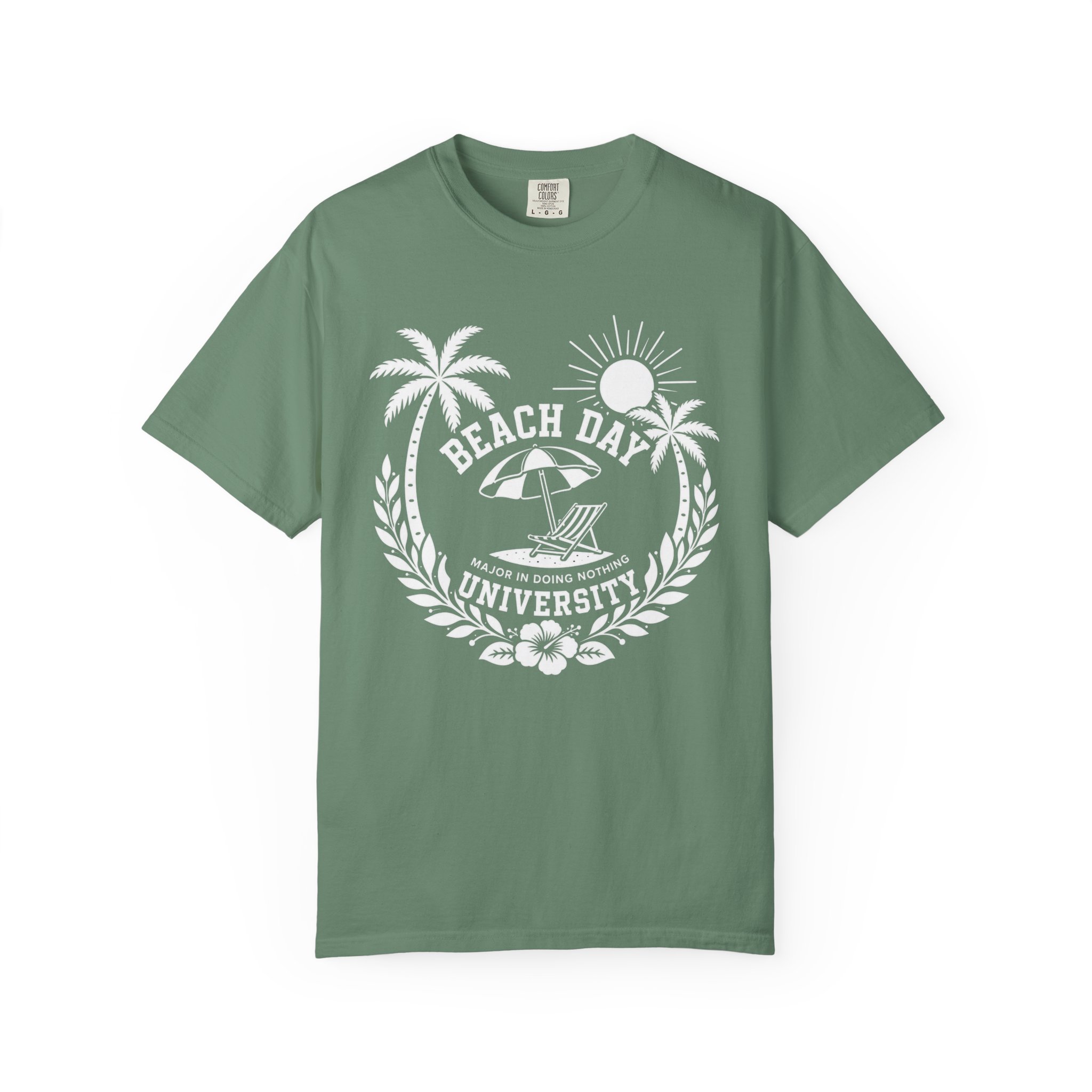 Beach Day University T-shirt | Palm Trees, Sun, Surf Chair - Image 3