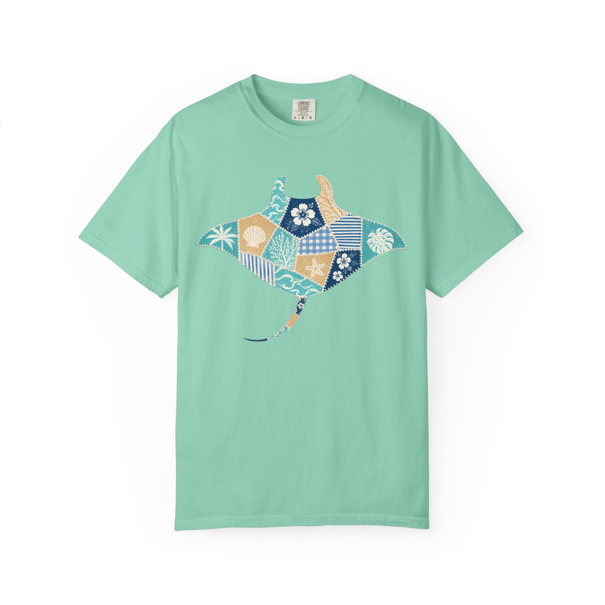Faux Patchwork Manta Ray T-Shirt | Hawaiian Floral Ocean Motif - Image 4