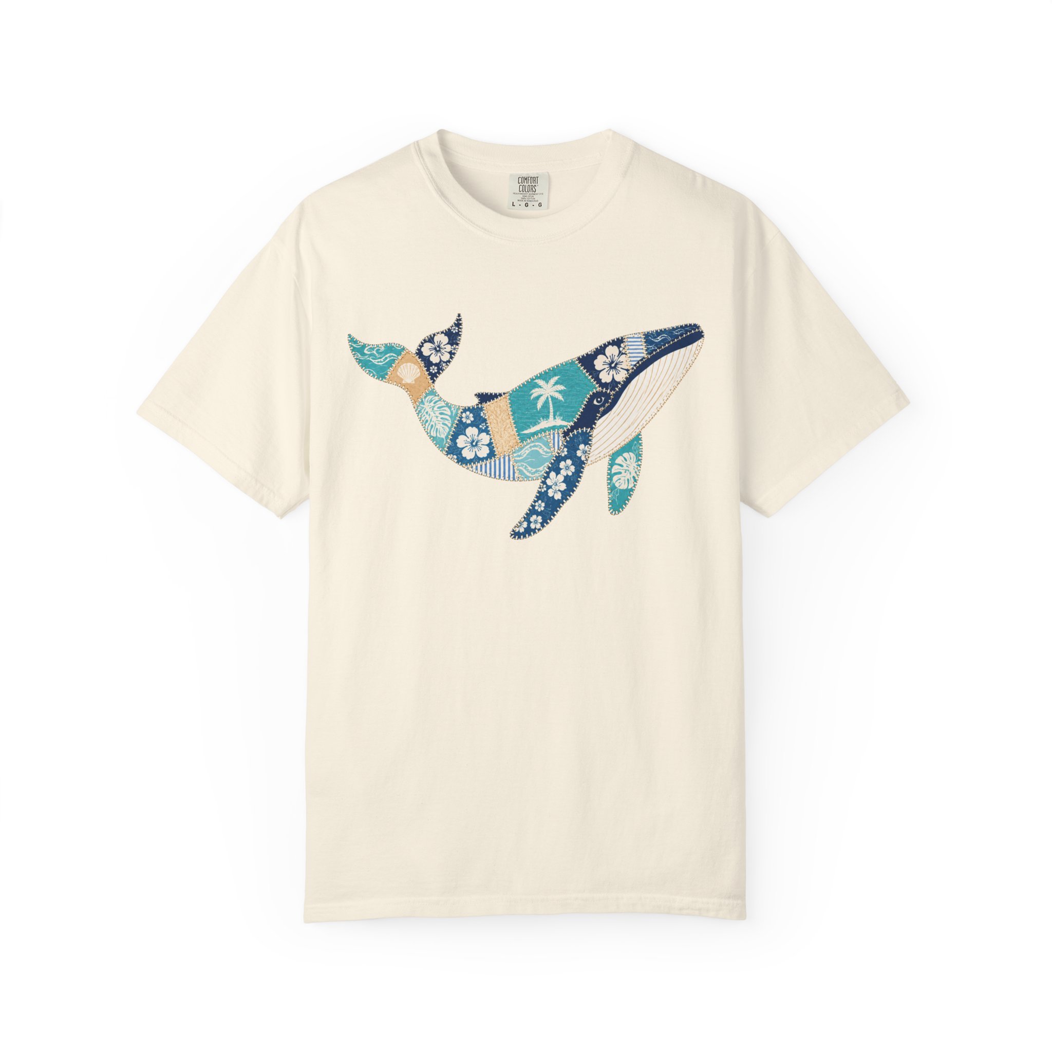 Faux Patchwork Hawaiian Pattern Humpback Whale T-Shirt | Ocean Tropical Floral Tee - Image 8